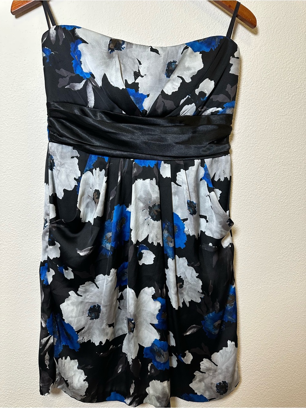Vintage Y2K Love Culture Strapless Floral Cocktail Dress in Black, Blue & White
